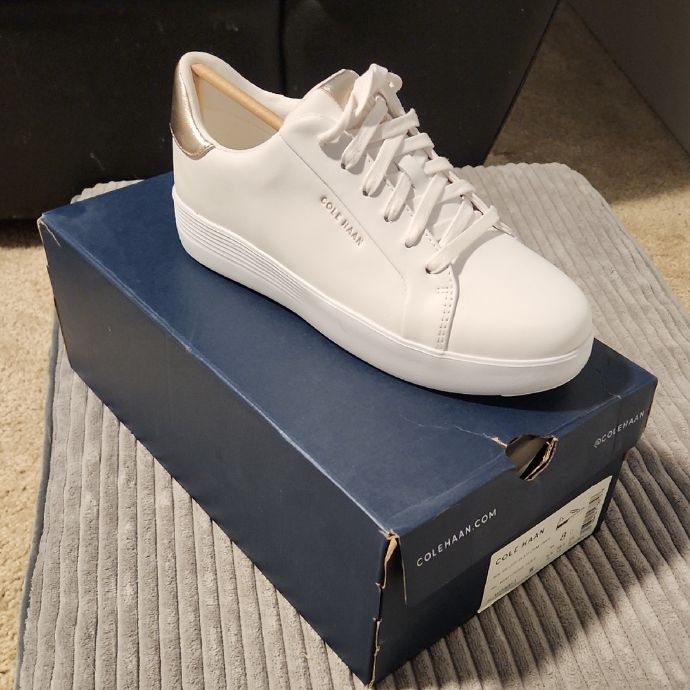 Cole Haan White Sneakers with Gold Heel Accent